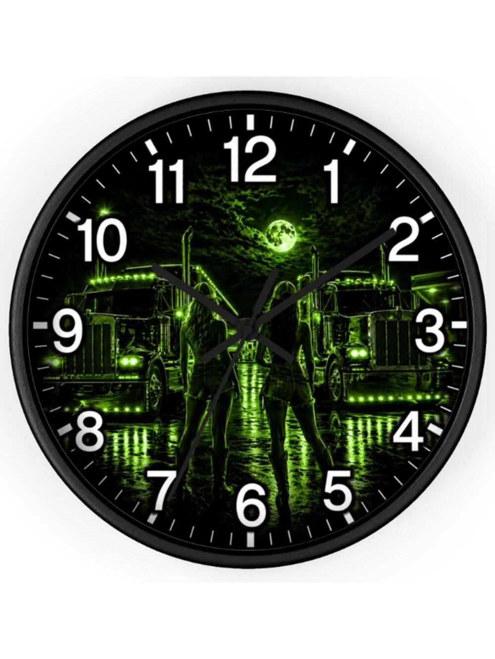 PETERBILT STYLE SEMI TRUCK WALL CLOCK GLOW GREEN TRUCKER DECOR